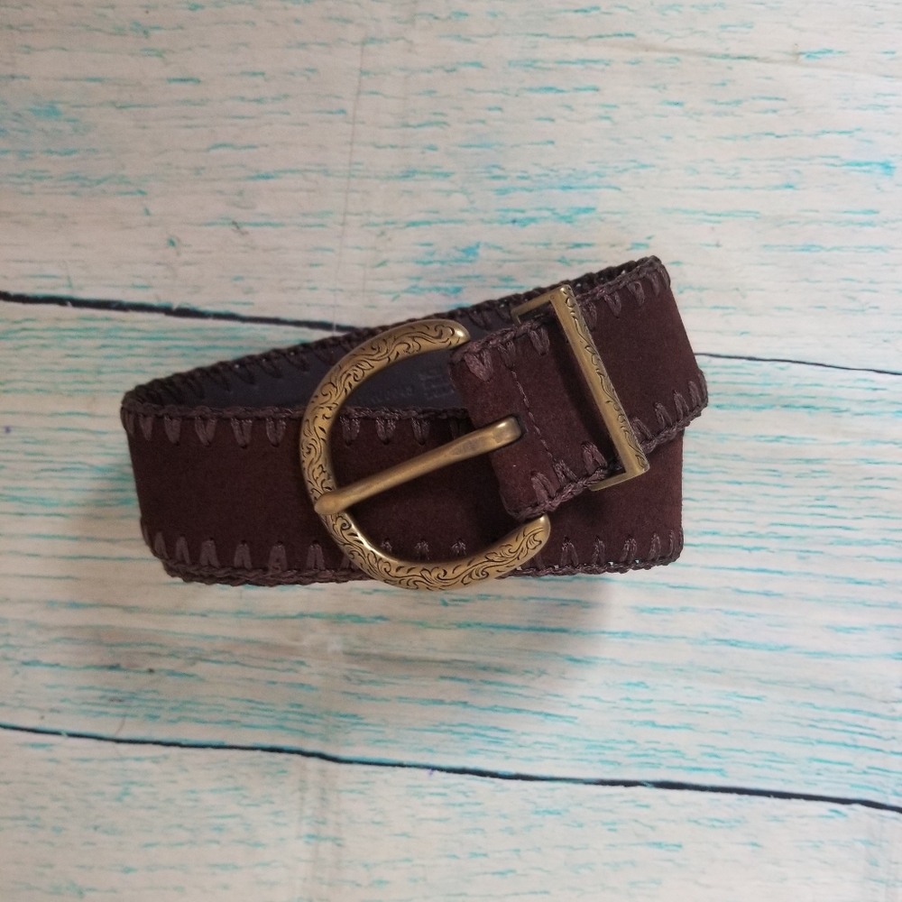 Liz Claiborne Dark Brown Suede Belt with Engraved Gold Buckle